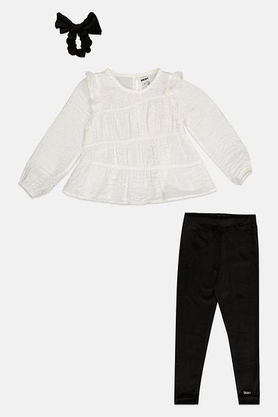 Dkny Toddlers Girl 3 Pieces Textured Top With Leggings And Scruchie Set, White/Black