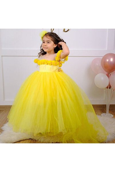 sara tasarım Çiçekli Kız Çocuk Abiye - Kristal Tüllü Abiye Kız Çocuk Elbise Nişan Düğün Çocuk Elbise