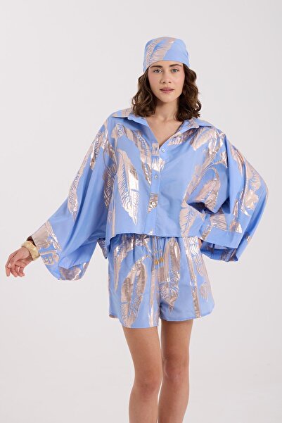 NOK İSTANBUL Golden Palm Beli Lastikli Şort Mavi