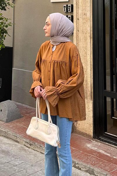 lamelif Roba Detailed Hijab Shirt Bitter Brown