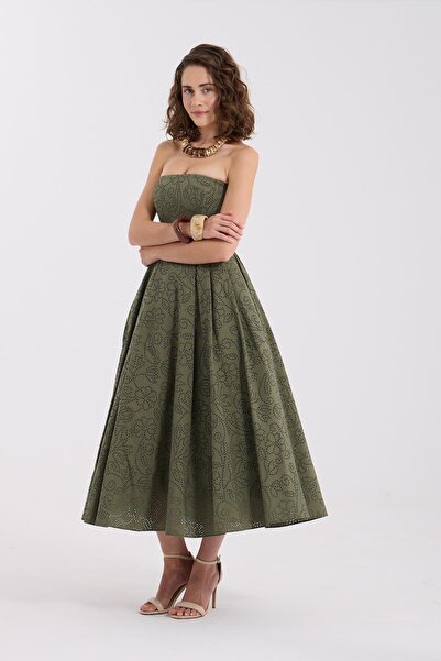 NOK İSTANBUL Blooming Grace Straplez Maxi Boy Elbise Haki