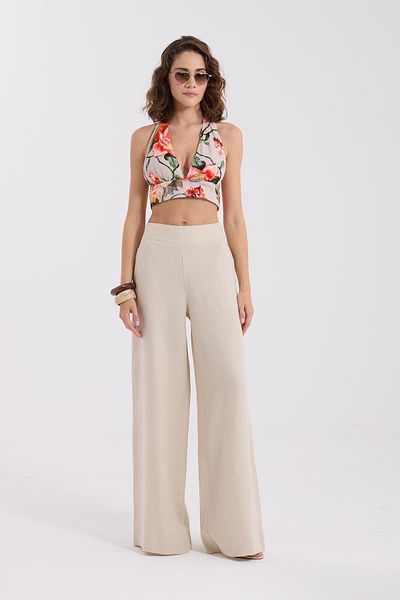 NOK İSTANBUL 100% Linen Emily Loose Elastic Trousers Beige