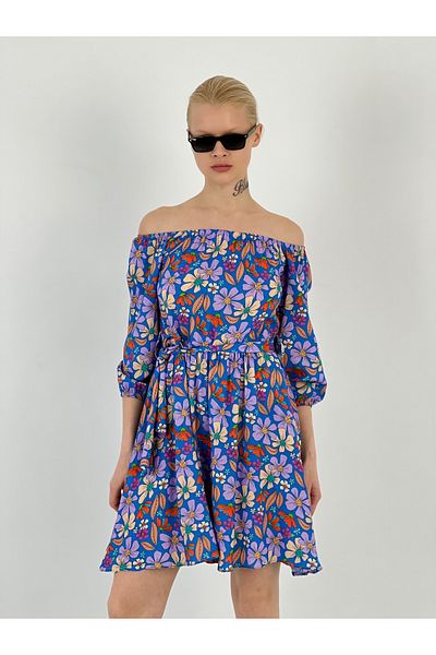 Miss Poem Women's Off Shoulder Balloon Sleeve Blue Dress