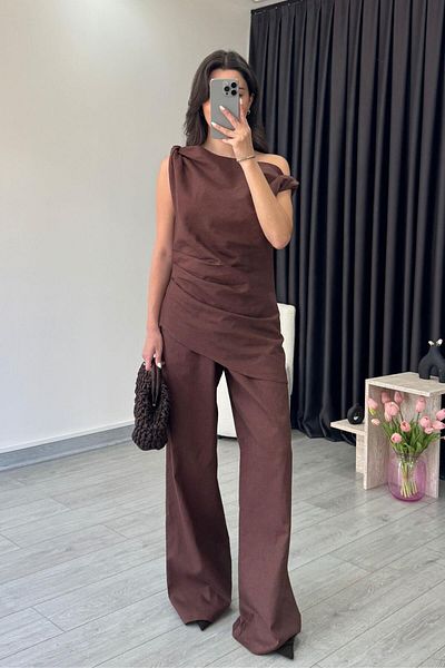ECEMİ Parmo Brown Raw Linen Shoulder Low-Cut Suit