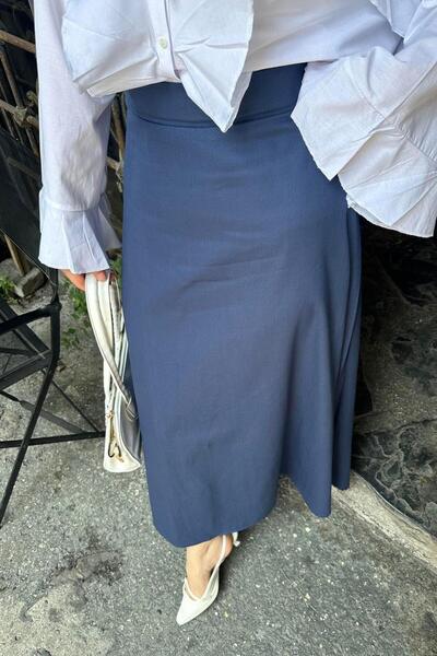 lamelif Belt Detailed Flared Skirt Light Blue