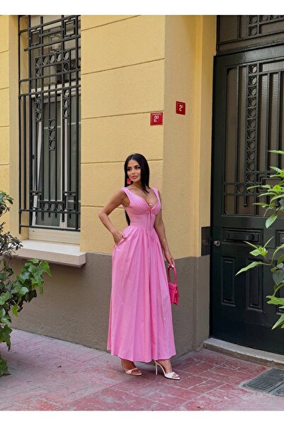 SEVENLINE Kadın Korse Detaylı Kurdalye Cepli Poplin Elbise