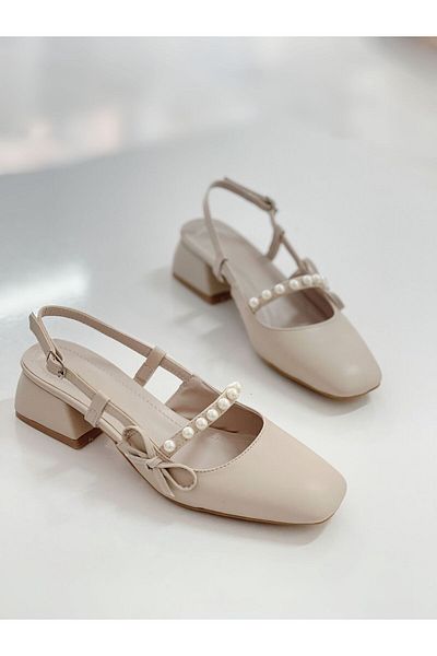 leopar by çetinay Liora Vintage Style Pearl Beige Heeled Women's Shoes – Square Toe and Open Back
