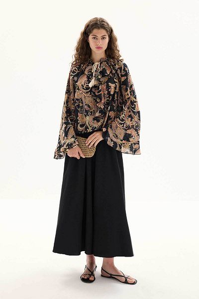 Hooopstore Ethnic Pattern Cotton Voile Black Blouse