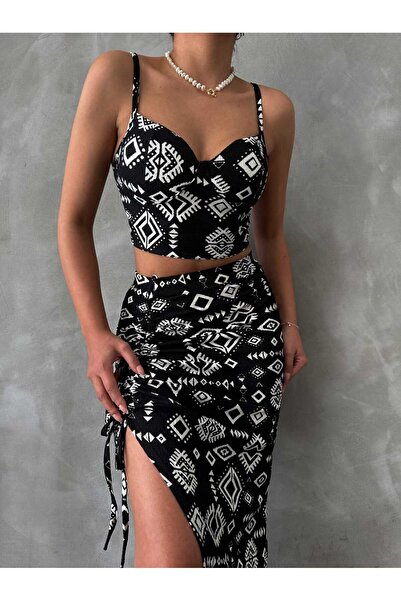 ESPOİRPLUS Authentic Patterned Suspender Blouse Adjustable Slit Long Skirt Crop-Skirt Set