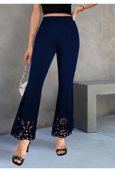 Little Visqon Women's High Waist Wide Leg Laser Flower Cut Detailed Imported Crepe Pants