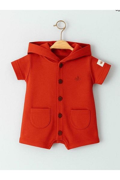 Zekids Baby Organic Cotton Front Button Hooded Short Sleeve Shorts Jumpsuit
