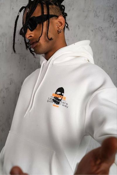 Silerra Men's Corded Mask Printed Hooded Sweat - White