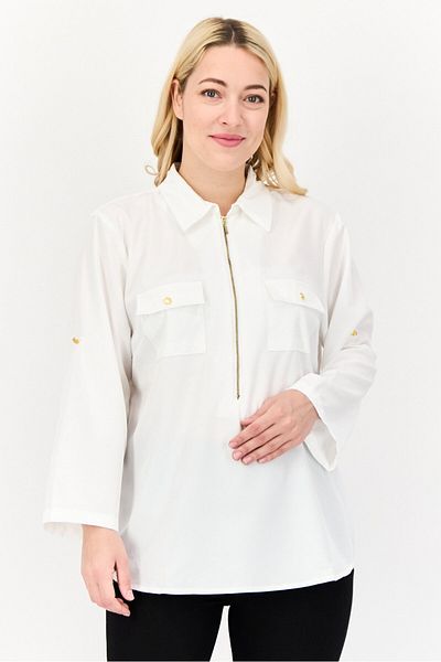 Notations Women Spread Collar Long Sleeve Plain Blouse, White