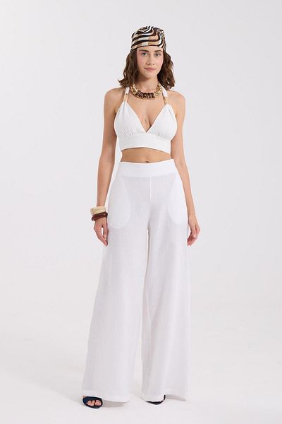 NOK İSTANBUL 100% Linen Emily Loose Elastic Trousers White