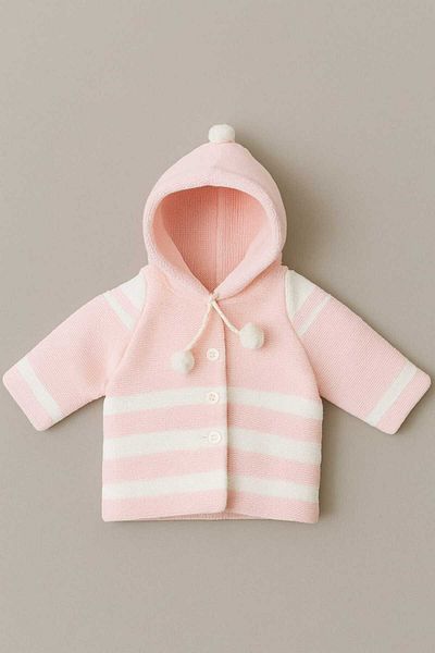 Cevval Striped Hooded Pompom Double Layer Knitted Baby Cardigan