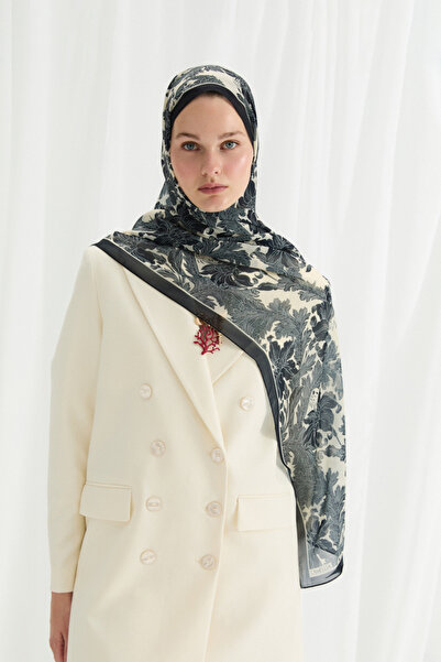 cs camellia scarf Σάλι Viena Silk Crepe - Μαύρο - Κρεμ