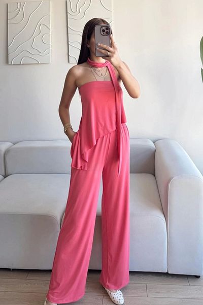 MOZENA Strapless Asymmetrical Blouse Trousers Scarf Set
