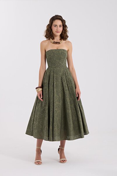 NOK İSTANBUL Blooming Grace Straplez Maxi Boy Elbise Haki