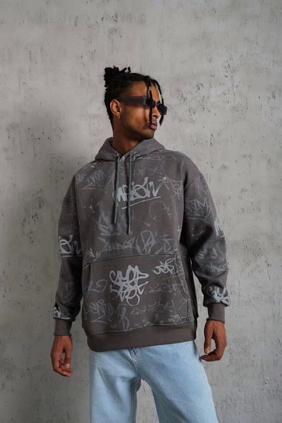 Silerra    Men's Printed Hooded Ribbed Sweat - Gray