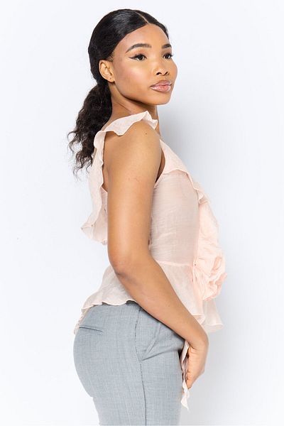 Reserved Women V-Neck Ruffle Sleeve Solid Top, Pastel Pink