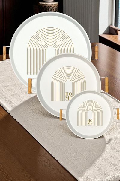 hemlife 3-Piece Printed White (45, 37, 30 cm) Metal Tray with Wooden Handles Tea Tray Presentation Tray Set