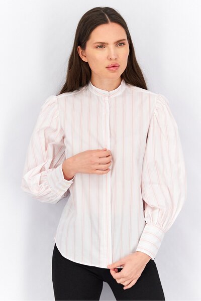 Ralph Lauren Women Band Collar Long Sleeves Stripe Shirt, White Combo