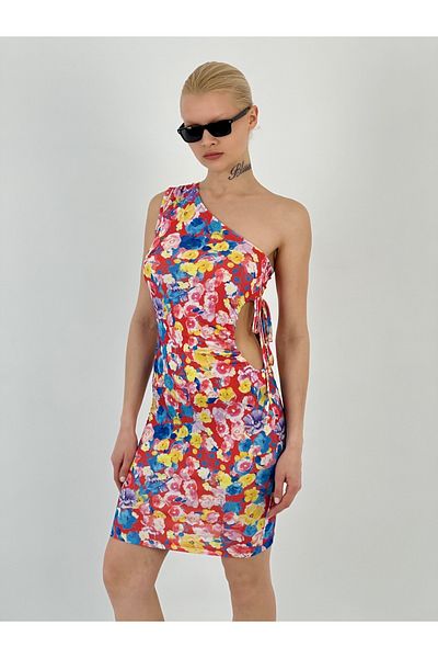 Miss Poem Women's Open Side Floral Patterned Red Short Dress