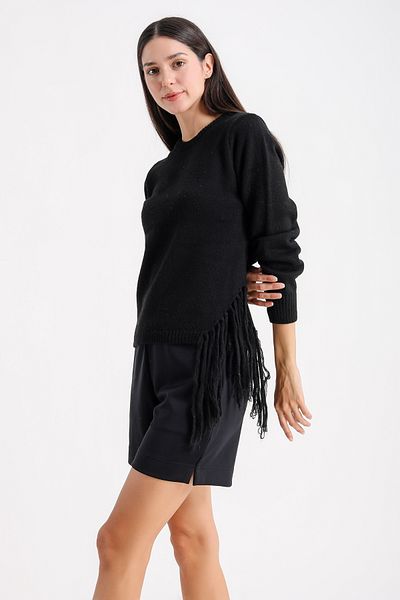 Barbara Baileys Crew Neck Sweater with Slits and Tassels
