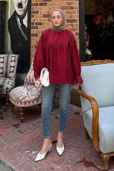 lamelif Roba Detailed Hijab Shirt Burgundy