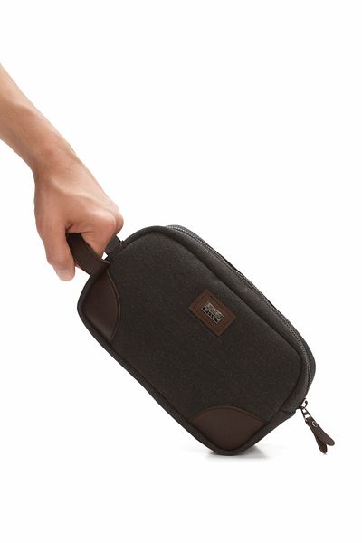 Newish Polo Men's Canvas Fabric Portfolio Clutch Shaving Cosmetic Care and Daily Handbag New347 - Brown