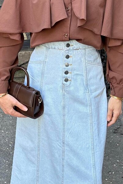 lamelif Button Detailed Cup Hijab Denim Skirt Light Blue