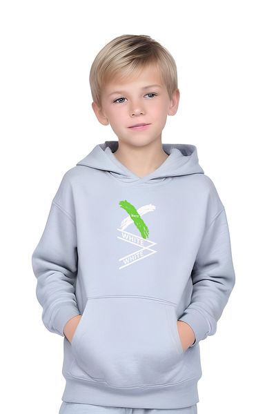 FYK KİDS Boy's Tracksuit Set with Hooded Kangaroo Pocket White Text Printed