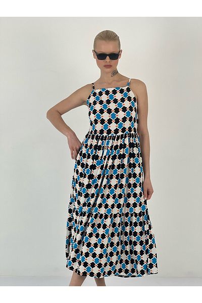 Miss Poem Women's Patterned Pleated Blue Midi Dress