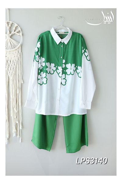 LINELLE Co-Ord Set – Green and White Printed Shirt in Cotton-Polyester Blend.