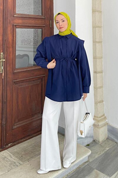 lamelif Πουκάμισο με επένδυση ώμου με δεμένη μέση Navy Blue