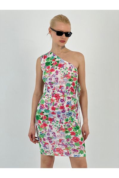 Miss Poem Women's Open Side Floral Patterned Ecru Short Dress