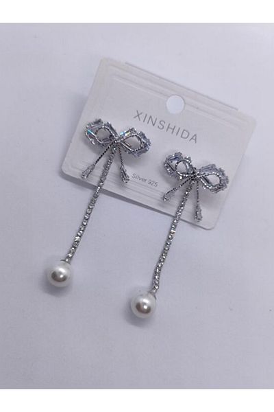 Çelik Bow Pearl Detail Dangle Steel Earrings