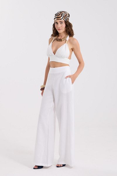 NOK İSTANBUL 100% Linen Emily Loose Elastic Trousers White