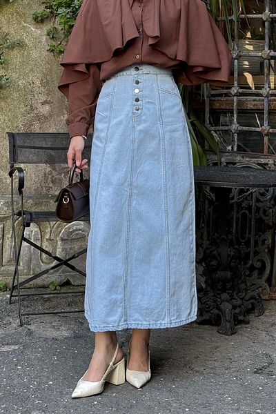 lamelif Fusta din denim Hijab cu detaliu nasture Albastru deschis