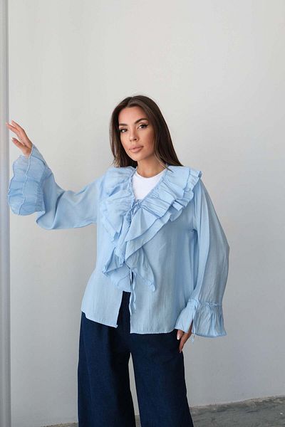 Hatun Atila Bluză cu mânecă lungă cu detaliu de șireturi cu volane 8834 - Albastru