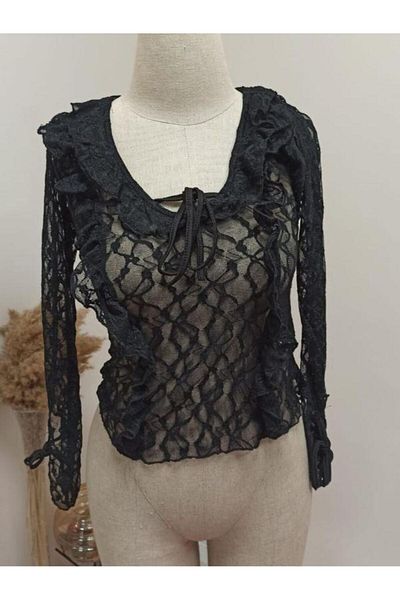 Kokoşum Butik 30025 Μαύρη μπλούζα από τούλι