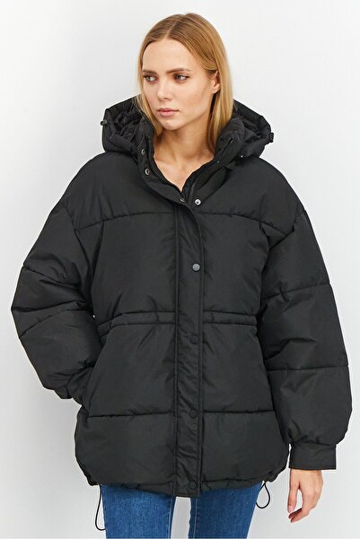NA-KD Women Hooded Waist Drawstring Puffer Jacket, Black