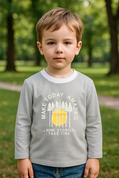 LUESS Tricou cu mânecă lungă imprimat 100% bumbac pentru băiat - gri (3-4 ani 8-9 ani)