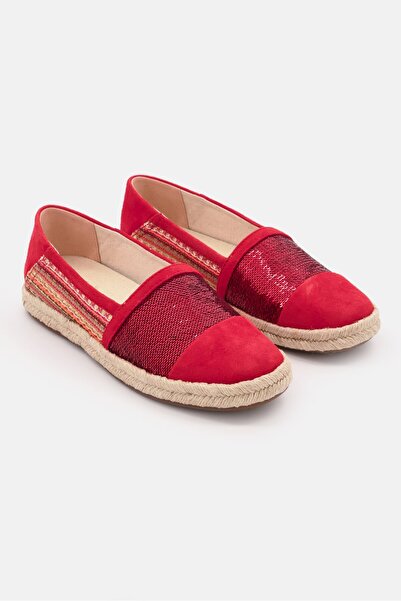 Geox Women Slip On Sequins Detail Suede Flats, Red