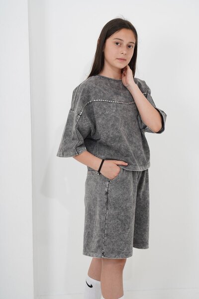 HayKids Kız Çocuk Oversize Yıkamalı İki İplik Kumaş Şortlu Takım