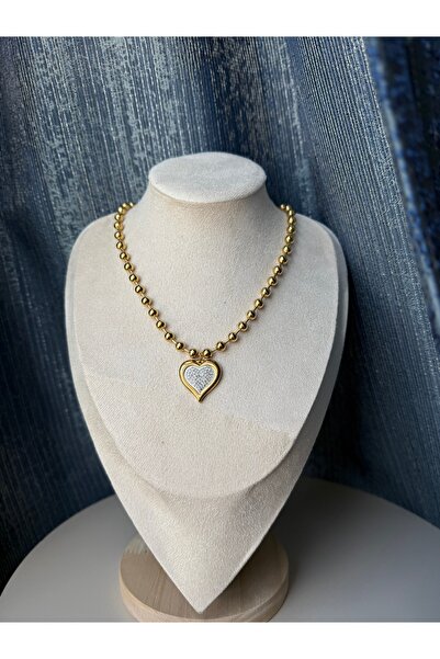 Chic Charms Topcuk Zincirli Kalp Uçlu İçi Beyaz Minimalist Altın Renkli Paslanmaz Hipoalerjenik Çelik Kolye