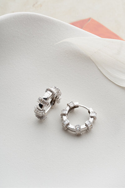 Silvano Jewelry 925 Ayar Gümüş Halka Baget Taşlı Küpe