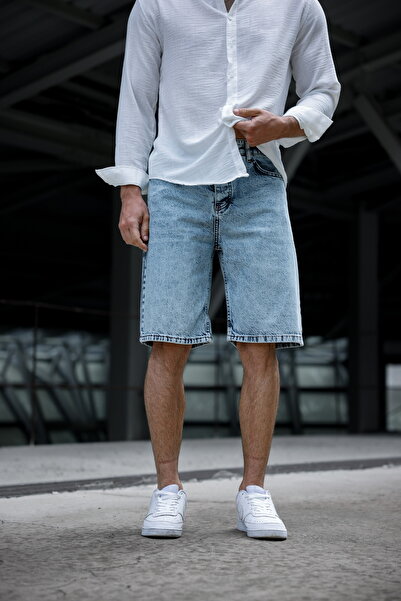 Newtime Erkek Rahat Kesim Baggy Kalıp %100 koton Buz Mavi Kar Yıkama Kot Şort