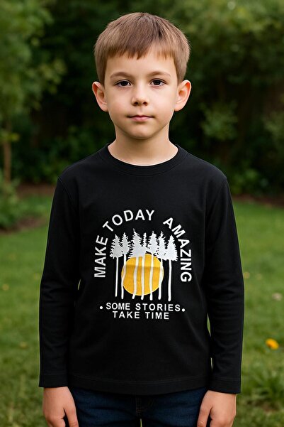 LUESS Erkek Çocuk %100 Pamuk Metrajlı Uzun Kollu Tişört - Siyah(3-4 Yaş 8-9 Yaş)