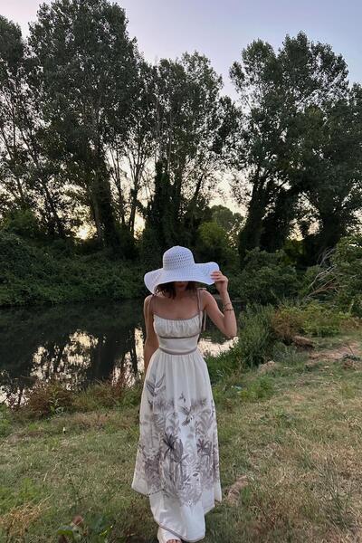 mylove فستان كتان بنمط النخيل باللون البيج